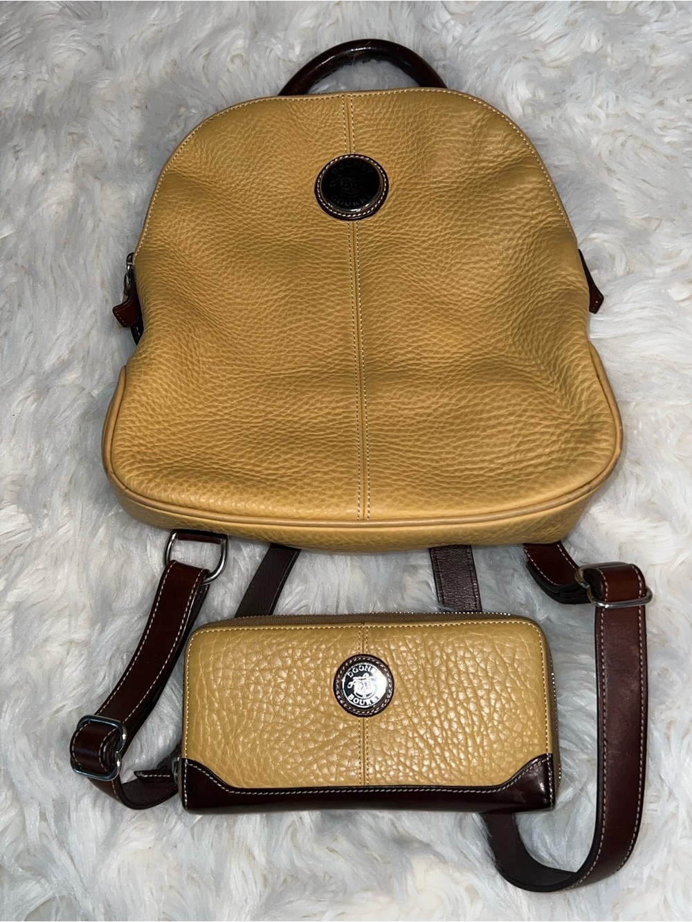 Vintage Dooney & Bourke AWL Leather Backpack & Wallet Set British Tan